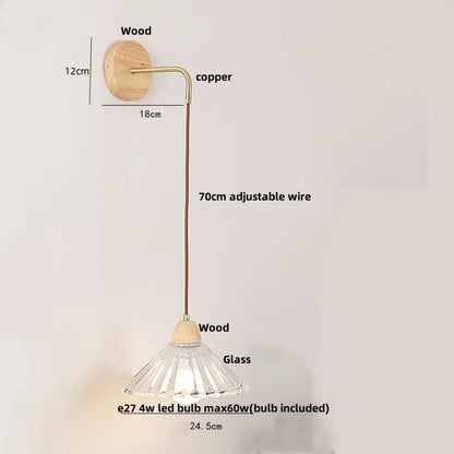 DecorBites™ Clear Glass LED Wall Lights with Wood Pull Chain Switch, Modern Art Bedside Lamp