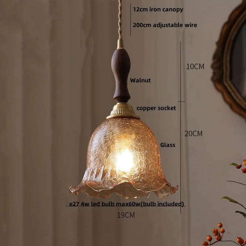 DecorBites™ مصباح معلق LED زجاجي كهرماني من خشب الجوز والنحاس