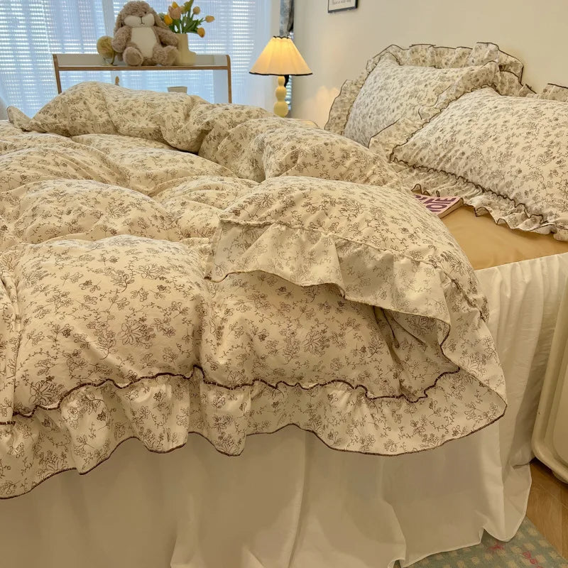 DecorBites™ Korean Princess Floral Print Bedding Set in Washed Cotton for Girls