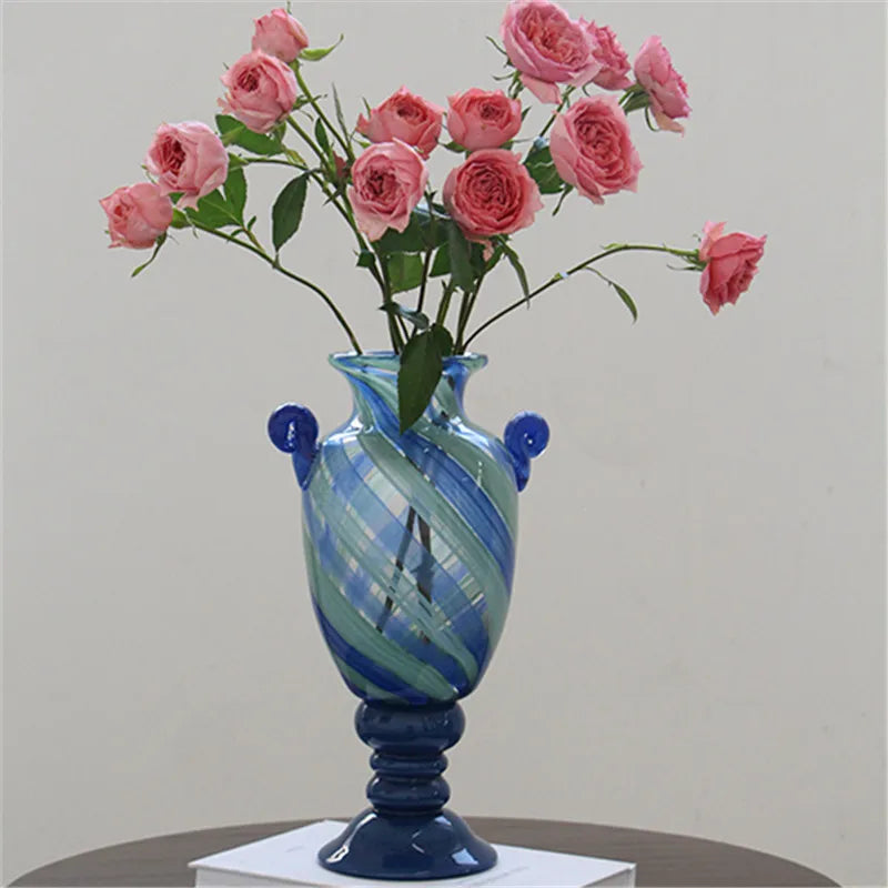 DecorBites™ Blue Striped Transparent Glass Vase - Tall Bottle Flower Pot Bouquet Holder