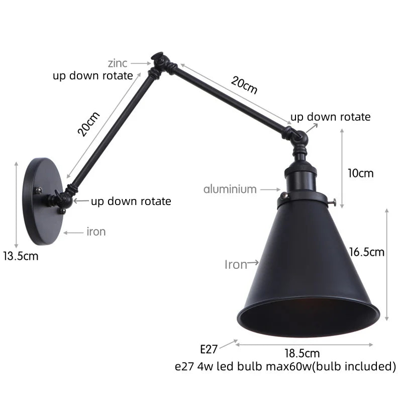 Lámpara de pared de brazo largo LED Decorbites™ con interruptor de cadena de tiro para hogar, hotel y baño