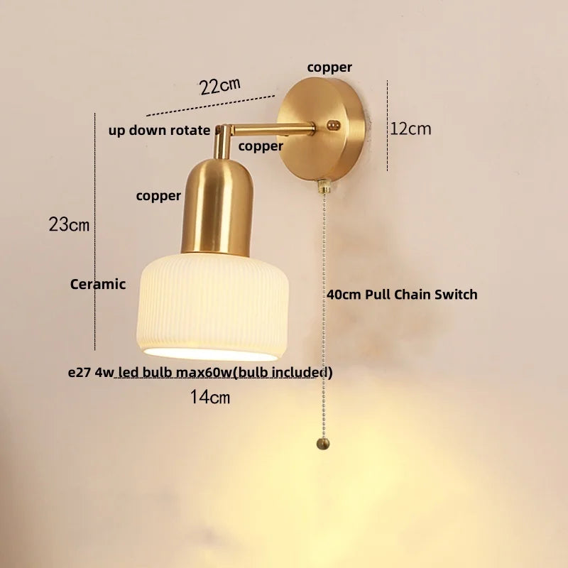 DecorBites™ Ceramic LED Wall Sconce with Walnut Wood Pull Chain Switch - Nordic Style