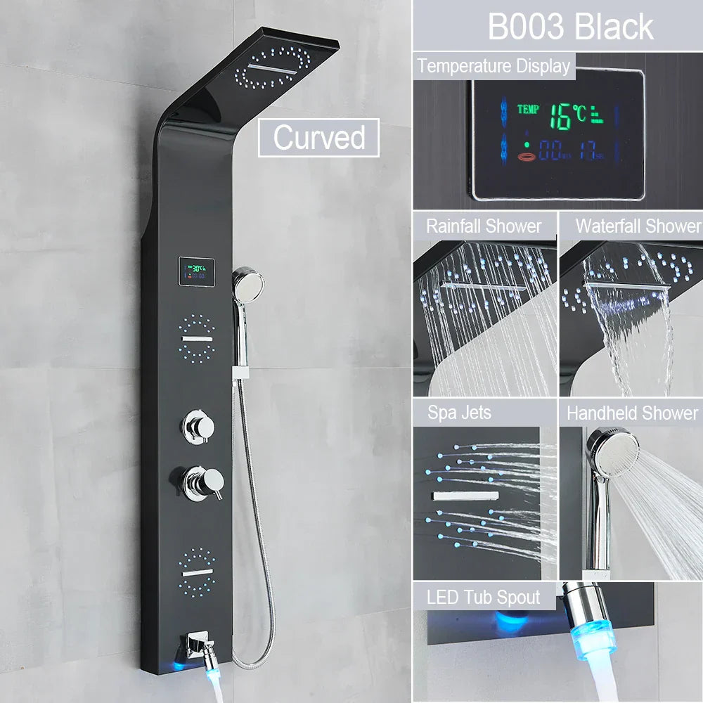 Sistema de grifería para ducha con luz LED DecorBites™: chorros de lluvia, chorros de masaje, panel de cascada con control de temperatura