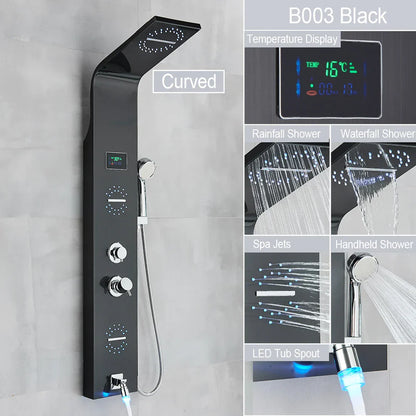 Sistema de grifería para ducha con luz LED DecorBites™: chorros de lluvia, chorros de masaje, panel de cascada con control de temperatura