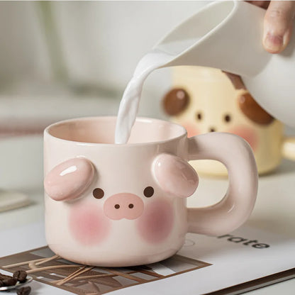 طقم أكواب سيراميك بتصميم حيوانات من DecorBites™: تصميم خنزير وكلب، غطاء، ملعقة، صحن - كوب قهوة للإفطار