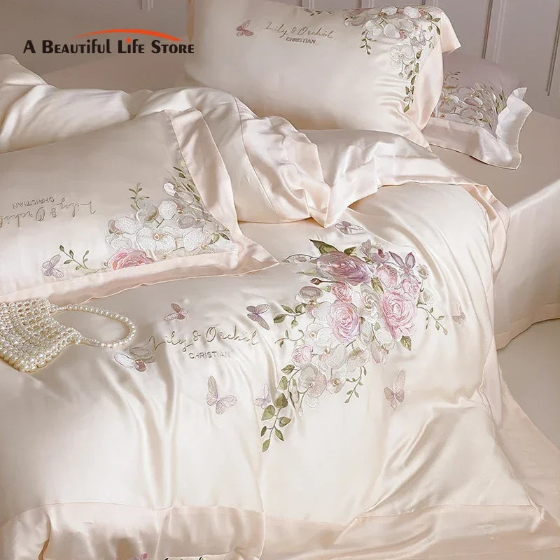 Decobites Butterfly Flowers Embroidery Bedding Set 800TC Soft Silky Duvet Cover Set