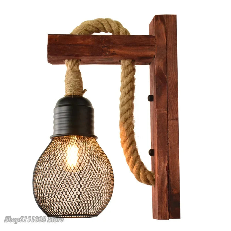 DecorBites™ Hemp Rope Wall Lamp Wood Sconce E27 Industrial Indoor Outdoor Light
