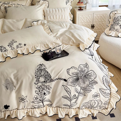 Decobites Vintage Flowers Leopard Print Ruffles Bedding Set in 100S Egyptian Cotton