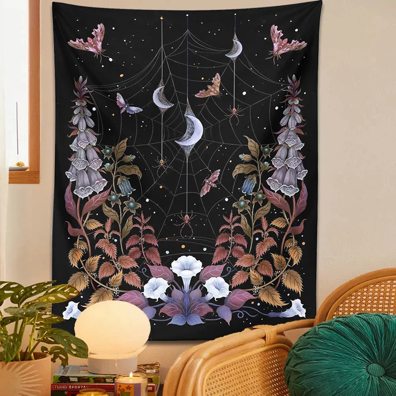 Decobites Witch Garden Tapestry Wall Hanging Moon Moth Tarot Psychedelic Decor