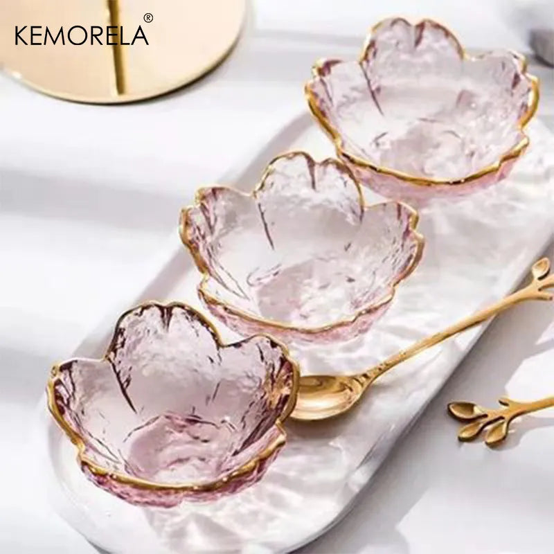 Platos de cristal estilo japonés Decorbites™ con borde dorado - Juego de 3 | Cuencos pequeños para condimentos o postres