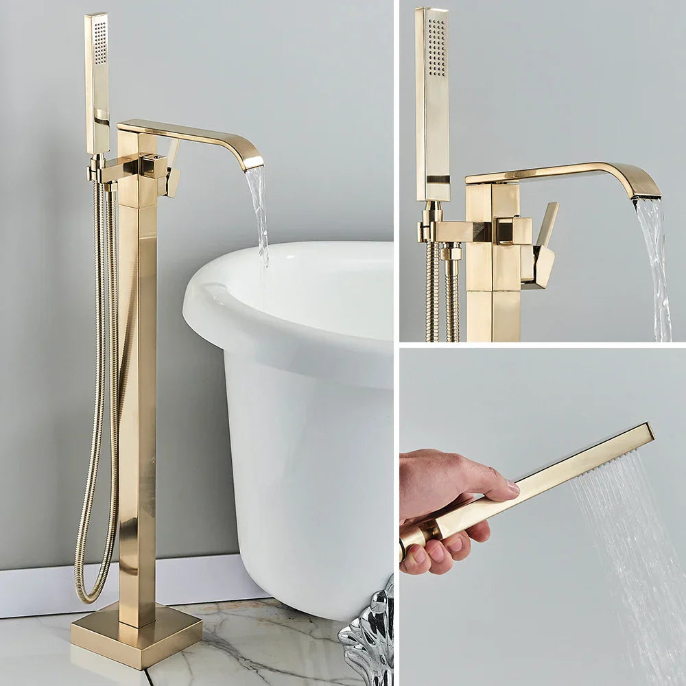 DecorBites™ Brushed Gold Tub Shower Faucet Floor Mounted Waterfall Mixer Tap