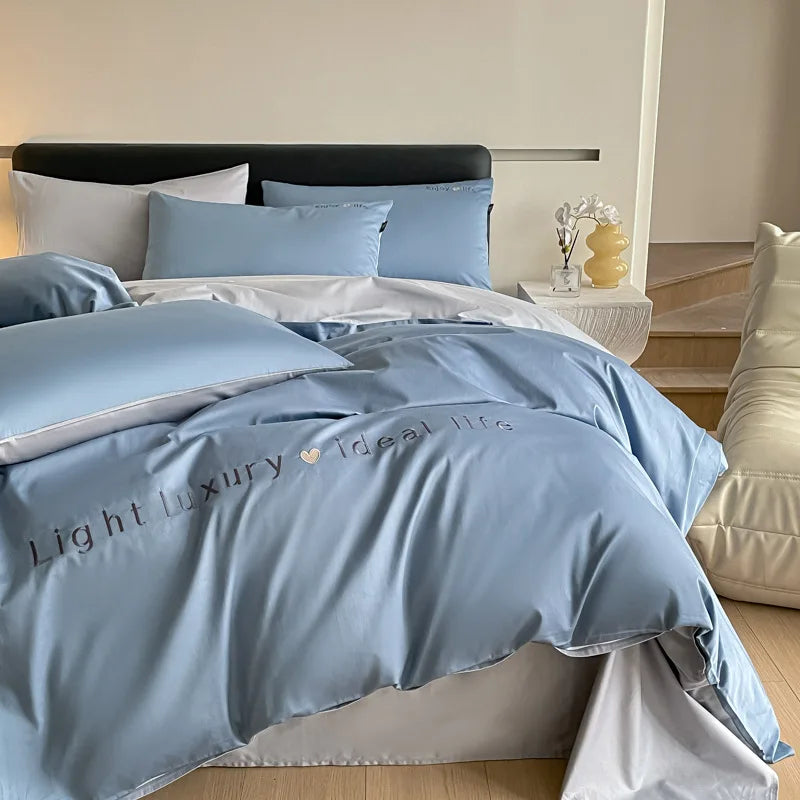 DecorBites™ 120S Long Staple Cotton Satin Embroidery Bedding Set - Solid Color Twin Full Double Comforter