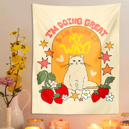 Decobites Cute Cat Star Strawberry Tapestry Wall Hanging for Boho Home Decor