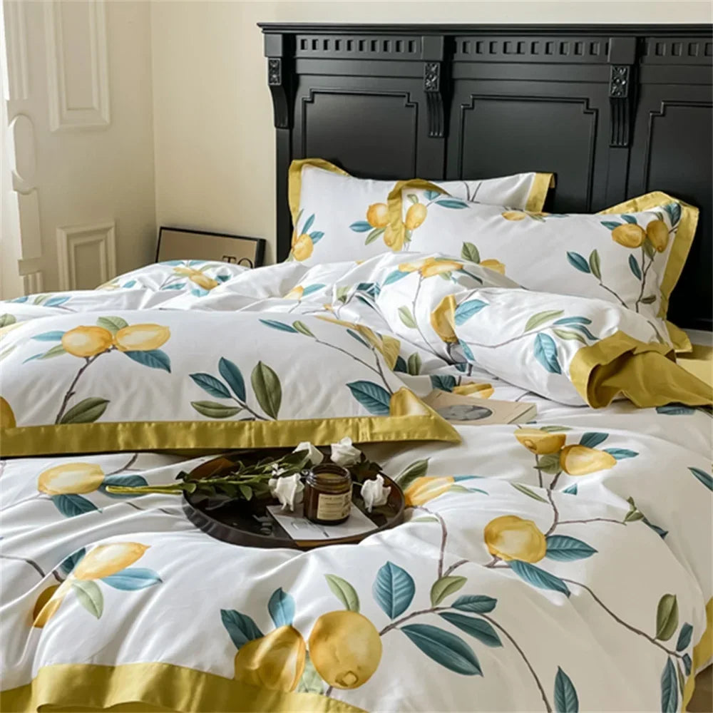 Decobites Yellow Lemon Fruit Satin Egyptian Cotton Duvet Cover Set - Queen King Size