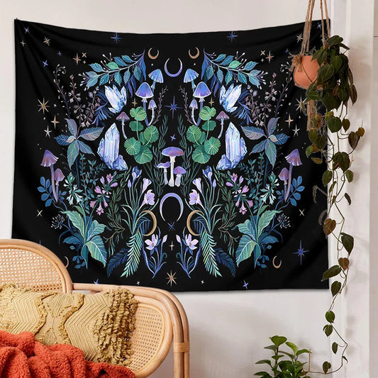 Decobites Moon Moth Mushroom Forest Mandala Tapestry Botanical Bedroom Decor