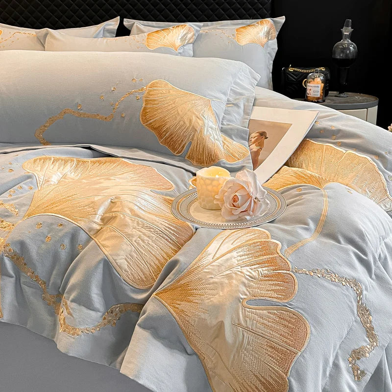 Decobites Gold Ginkgo Leaf Embroidery Bedding Set - 100% Cotton Luxury 4Pcs