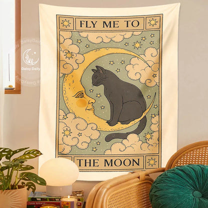 Decobites Moon Cat Tapestry Wall Hanging - Psychedelic Star Aesthetic Home Room Decor