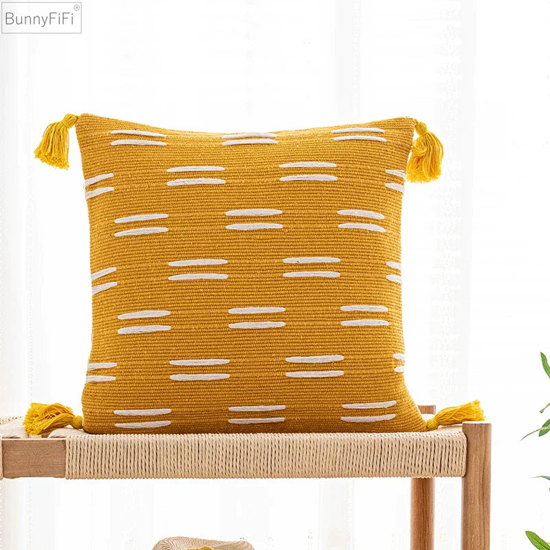 DecorBites™ Black Ivory Mustard Tassel Woven Cushion Cover for Home Decoration