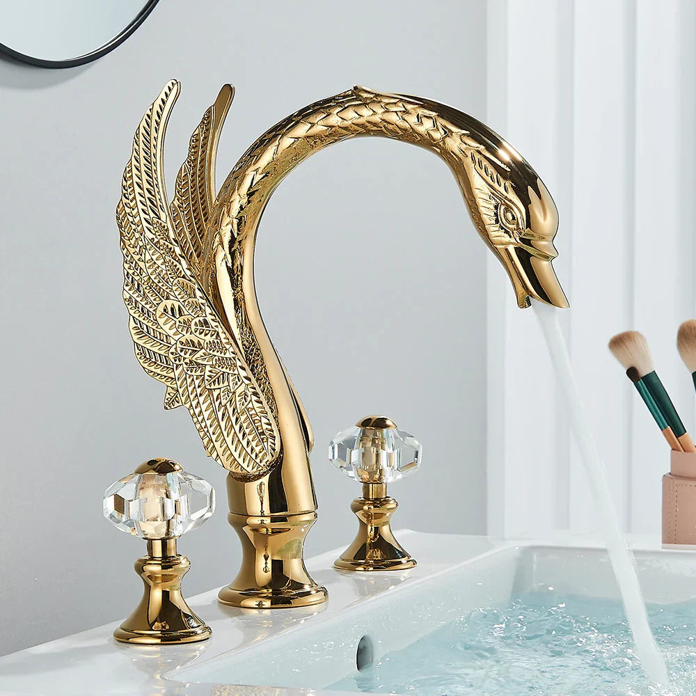 DecorBites™ Golden Swan Crystal Dual Handle Basin Tap