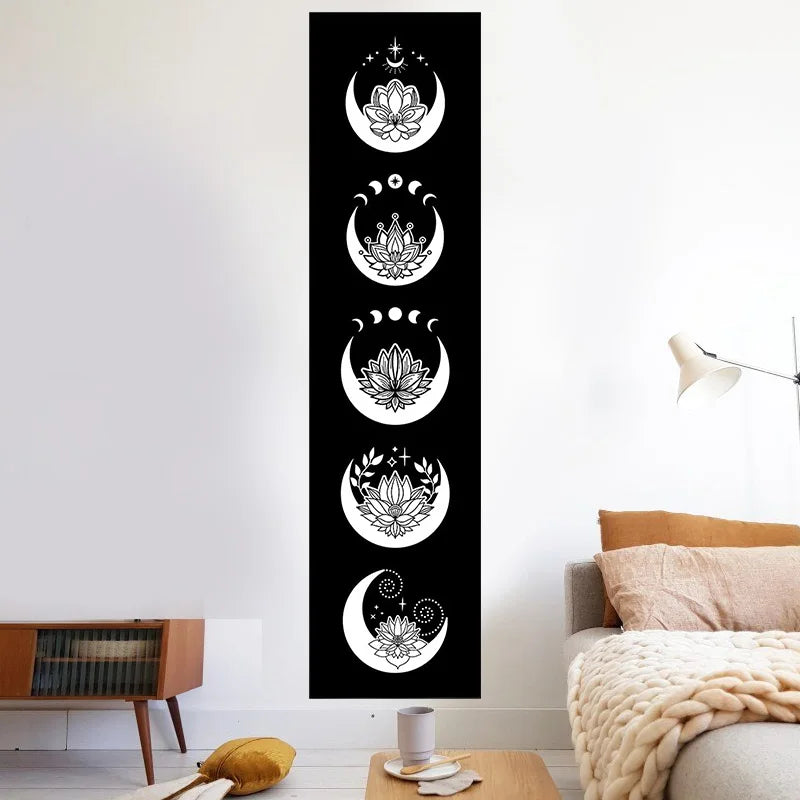 Flowers Moon Phase Tapestry Wall Art by Decobites - Black and White Home Decor