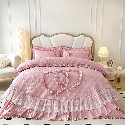 Decobites Korean Princess Style Bedding Set with Lace Ruffles and Love Theme