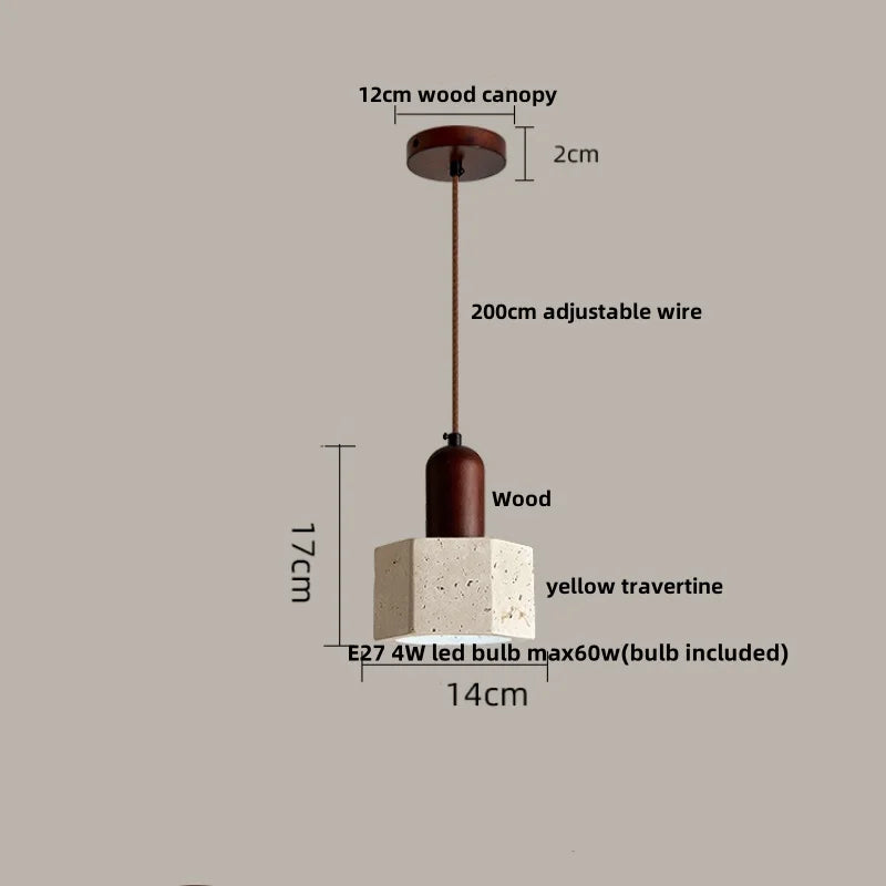 DecorBites™ LED Pendant Light: Japanese Style, Yellow Travertine Wood, Adjustable Hanging Lamp.
