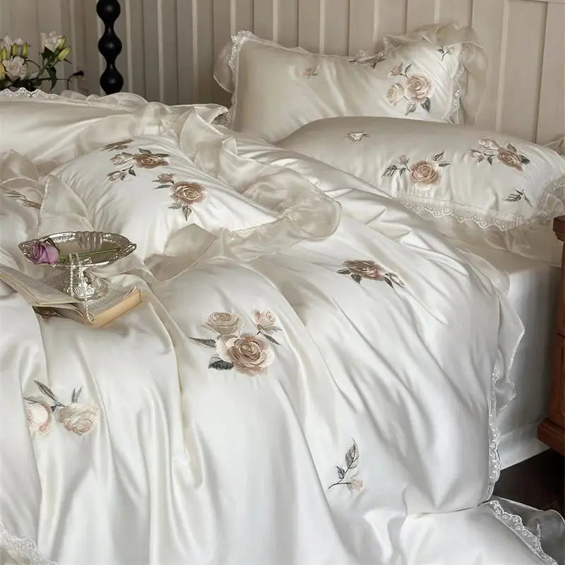 Decobites Rose Flowers Embroidery Lace Ruffles Wedding Bedding Set, 1000TC Egyptian Cotton