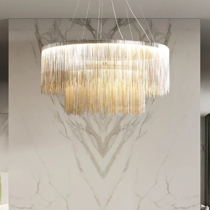 DecorBites™ LED Tassel Chandelier Pendant Light for Living Room Villa Hall Silver Lustre