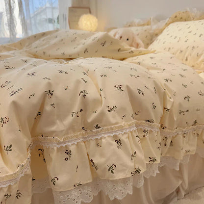 Decobites Korean Princess Style Floral Lace Ruffles Bedding Set with Pillowcase