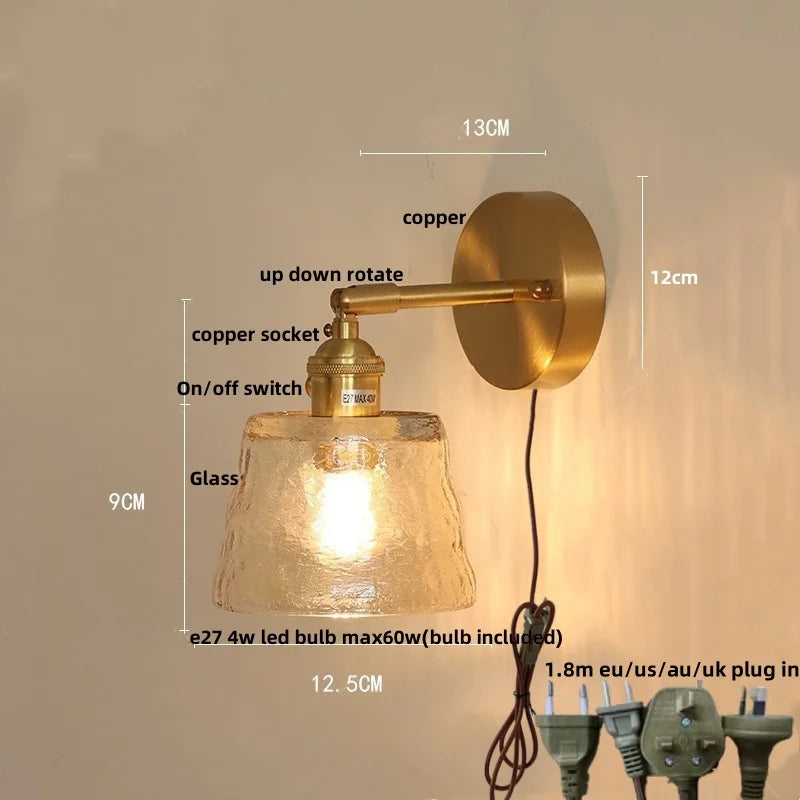 DecorBites™ Clear Glass LED Wall Sconce with Pull Chain Switch, Brass E27, Bedroom Reading Light