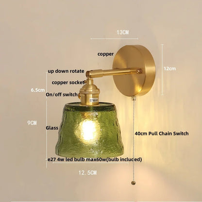 DecorBites™ Clear Glass LED Wall Sconce with Pull Chain Switch, Brass E27, Bedroom Reading Light