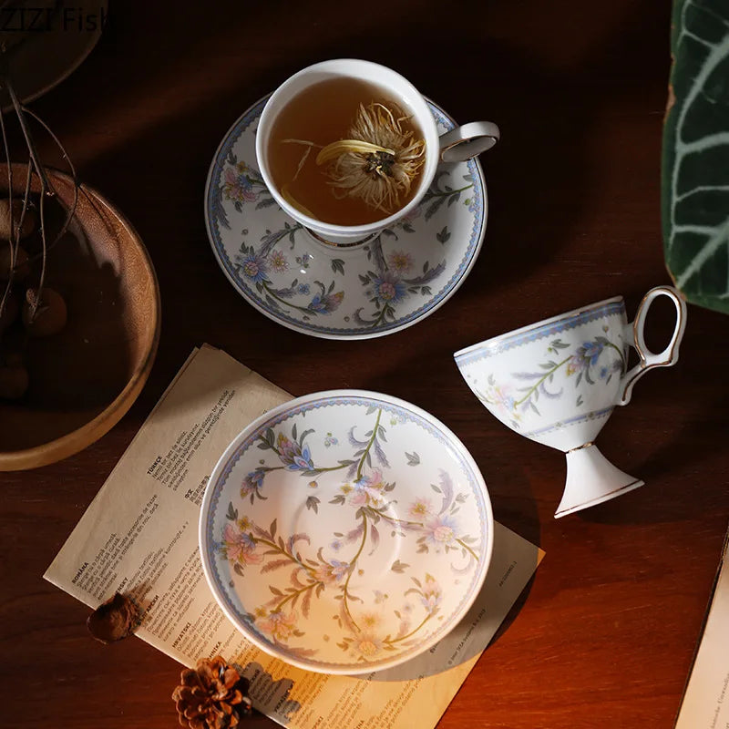 DecorBites™ Gold Flower Ceramic Cup & Saucer Set - Elegant Goblet Mugs for Coffee, Tea, Juice