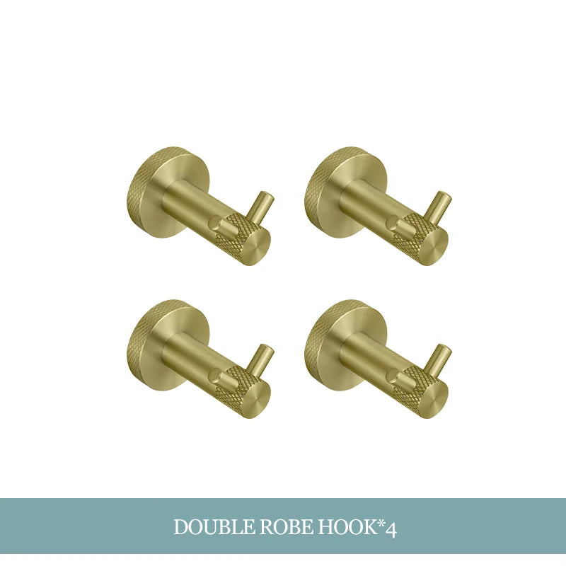 Conjunto de Hardware Decorbites™ Gold: Barra de Toallas, Soporte para Papel Higiénico, Gancho para Batas, Colgador de Tazas