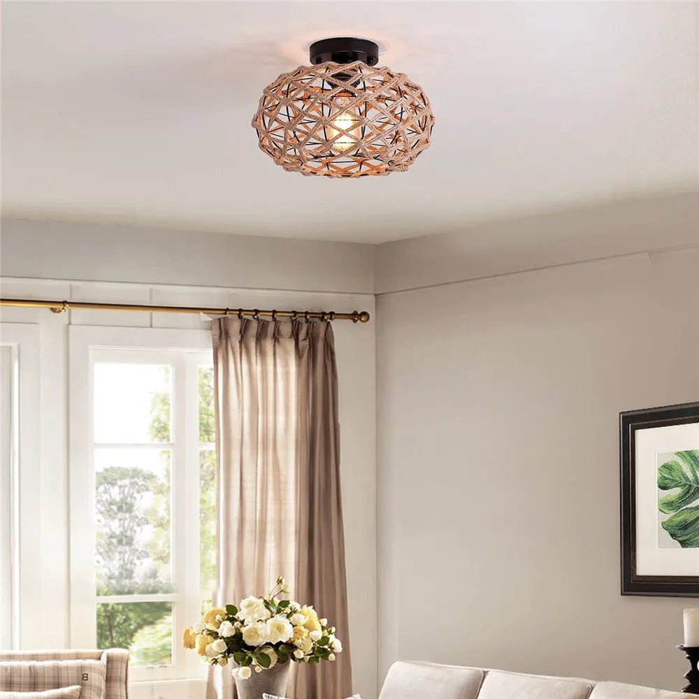 DecorBites™ Hemp Rope Cage Ceiling Light Fixture for Farmhouse Decor