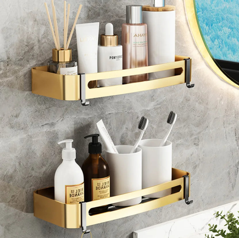 Estante de Esquina para Baño Decorbites™ Gold: Perchero de Almacenamiento Triangular Montado en la Pared para Artículos de Aseo