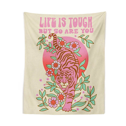 Decobites Tiger Moon Pink Flower Tapestry, Boho Wall Hanging for Aesthetic Home Decor