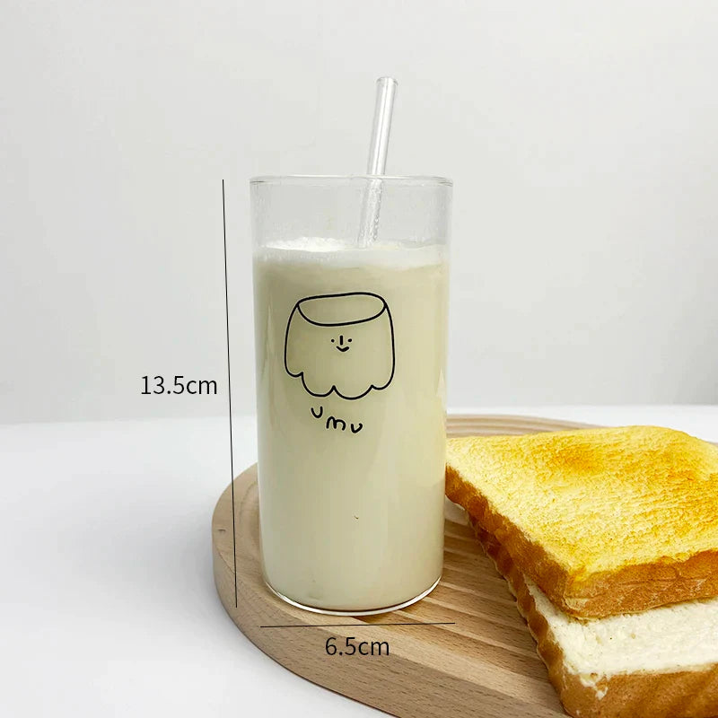 DecorBites™ Cartoon Glass Cup with Straw for Drinking, Transparent Juice Mug, Practical Kitchen Drinkware
