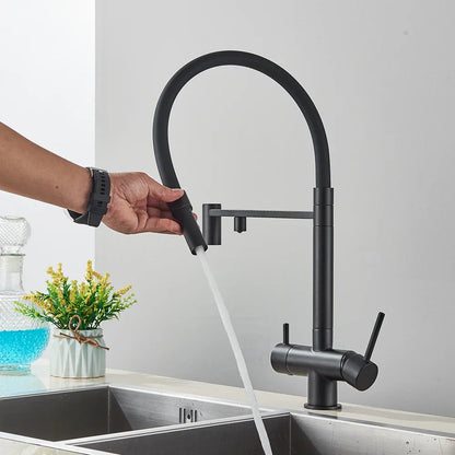 Grifo de cocina filtrado negro Decorbites™ de latón con doble manija para agua pura mezcladora