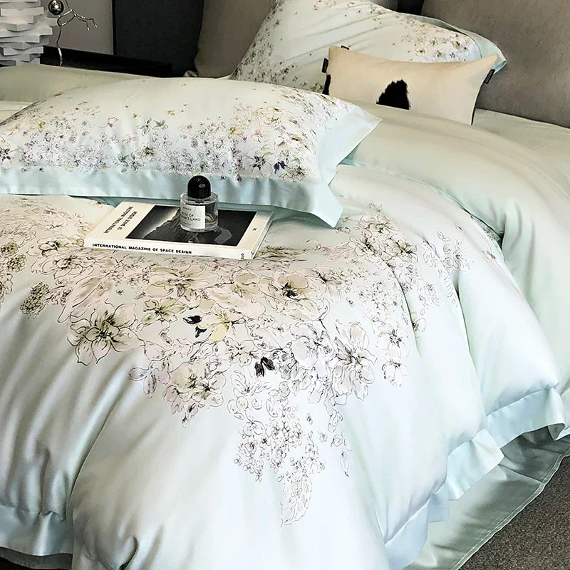 Decobites Flowers Plant Print Bedding Set: Luxe Lyocell Cotton Soft Silky Cool Duvet Cover Set