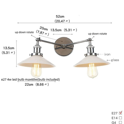 DecorBites™ Industrial LED Wall Light Fixture with Glass Pull Chain Switch - 2 Heads