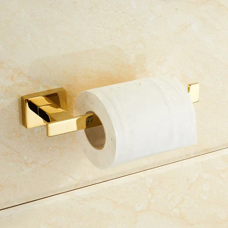 Conjunto de 4 piezas de herrajes para baño en latón dorado Decorbites™: Barra de toallas, Anillo para toallas, Soporte para papel higiénico, Gancho para batas