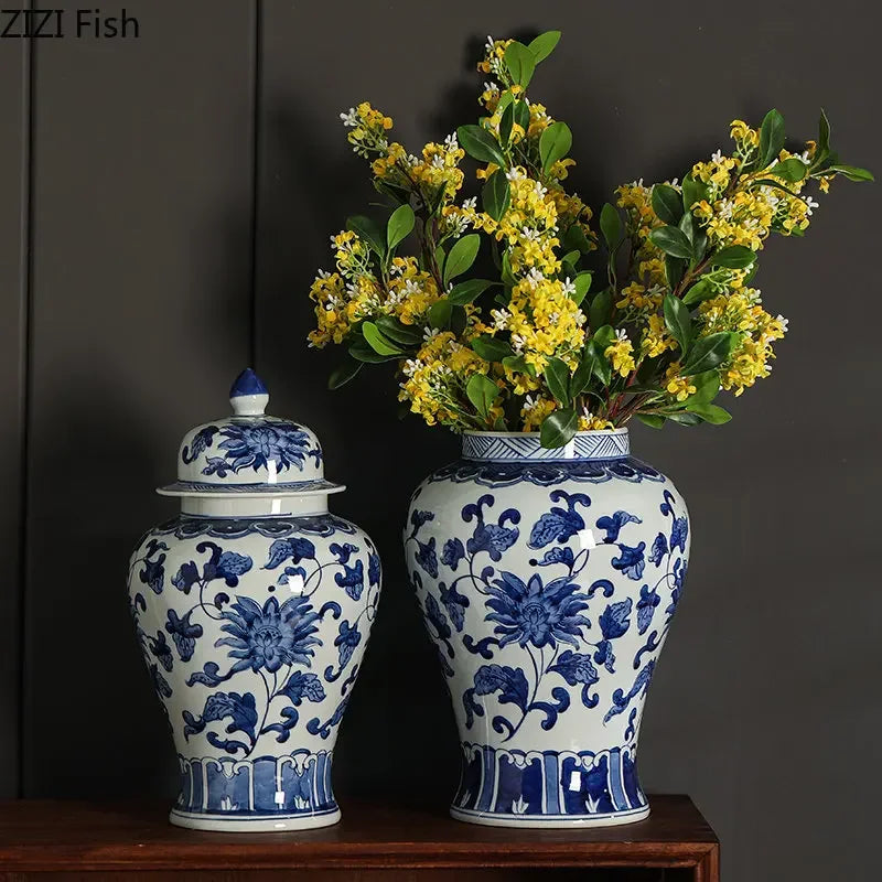 DecorBites™ Blue White Porcelain Bird Flower Jar Tea Canister Vase Desk Decor