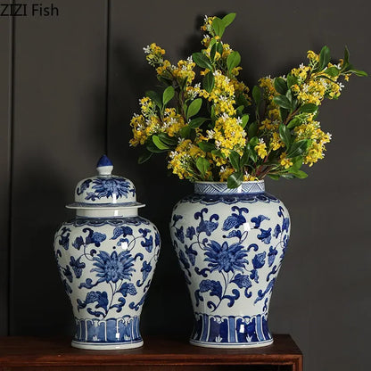 DecorBites™ Blue White Porcelain Bird Flower Jar Tea Canister Vase Desk Decor