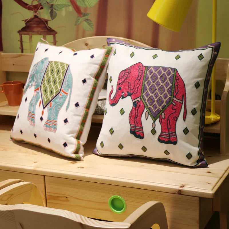 DecorBites™ Ethnic Flower Elephant Pillowcase, Hand-Embroidered Boho Cushion Cover