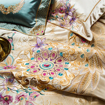 Luxurious Palace Flowers Embroidery Champagne Gold Brocade Bedding Set by Decobites