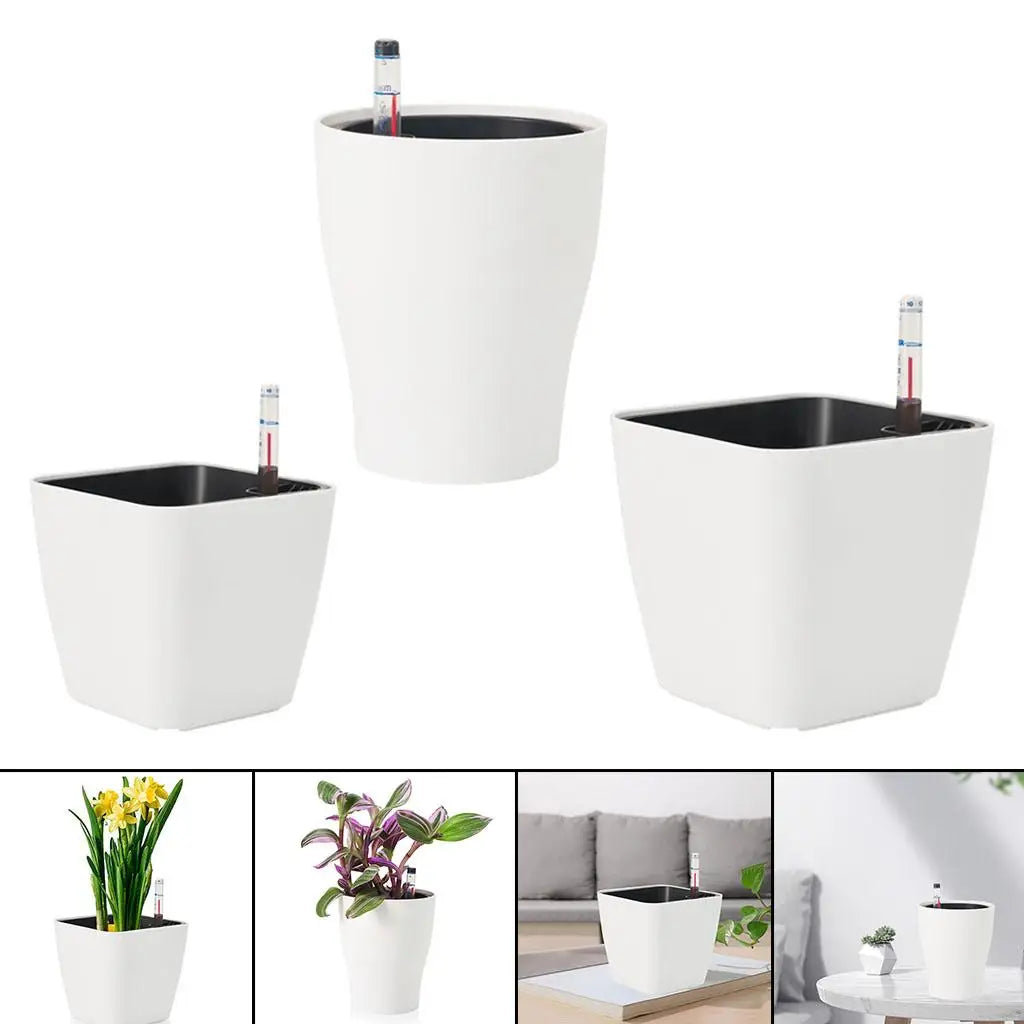 Self-Watering White Plastic Flower Pot