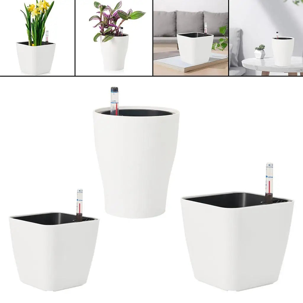 Self-Watering White Plastic Flower Pot