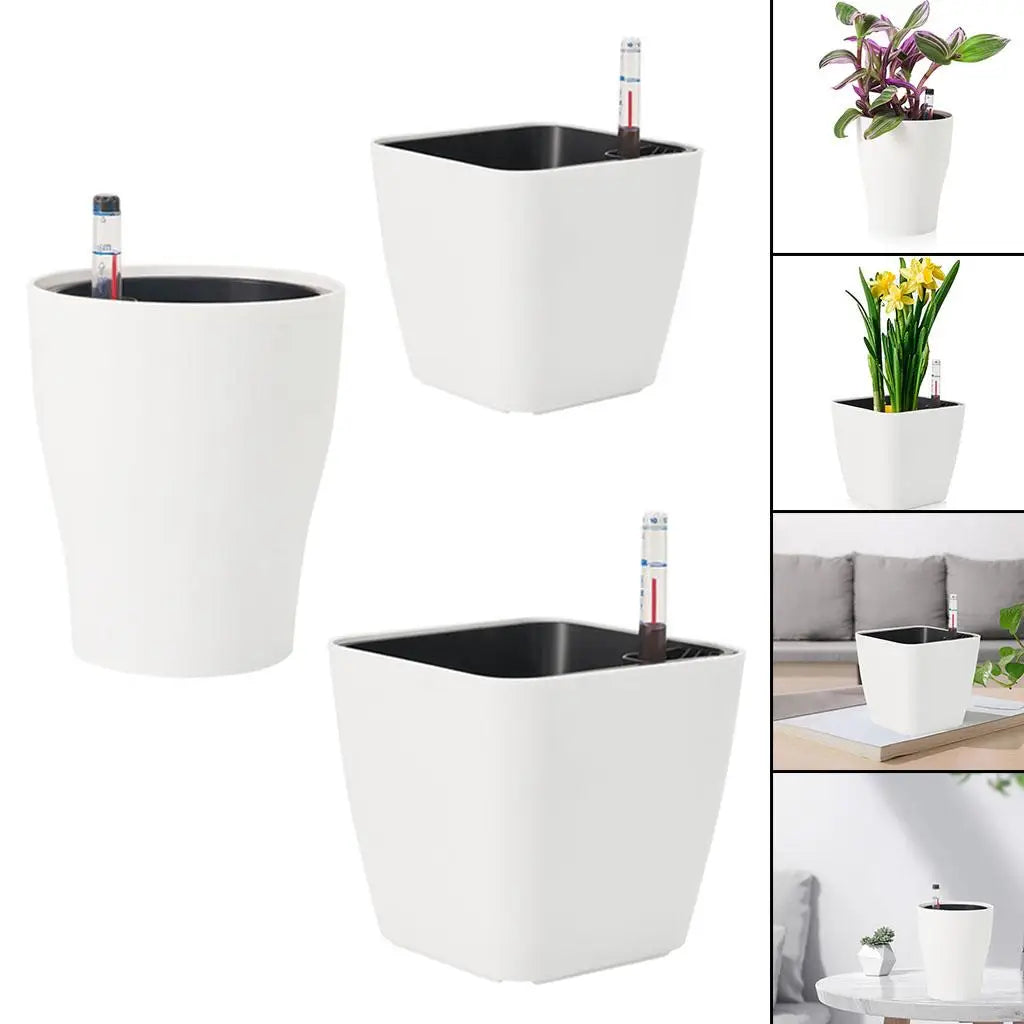 Self-Watering White Plastic Flower Pot