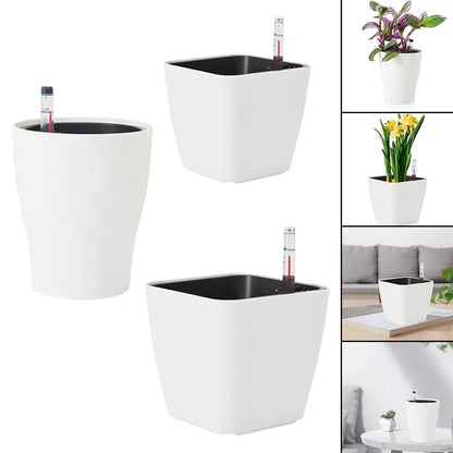 Self-Watering White Plastic Flower Pot