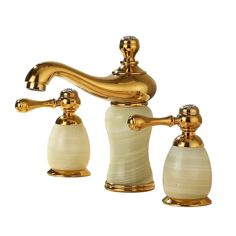 DecorBites™ Gold Brass Jade 3 Hole Widespread Basin Faucet with Double Handle